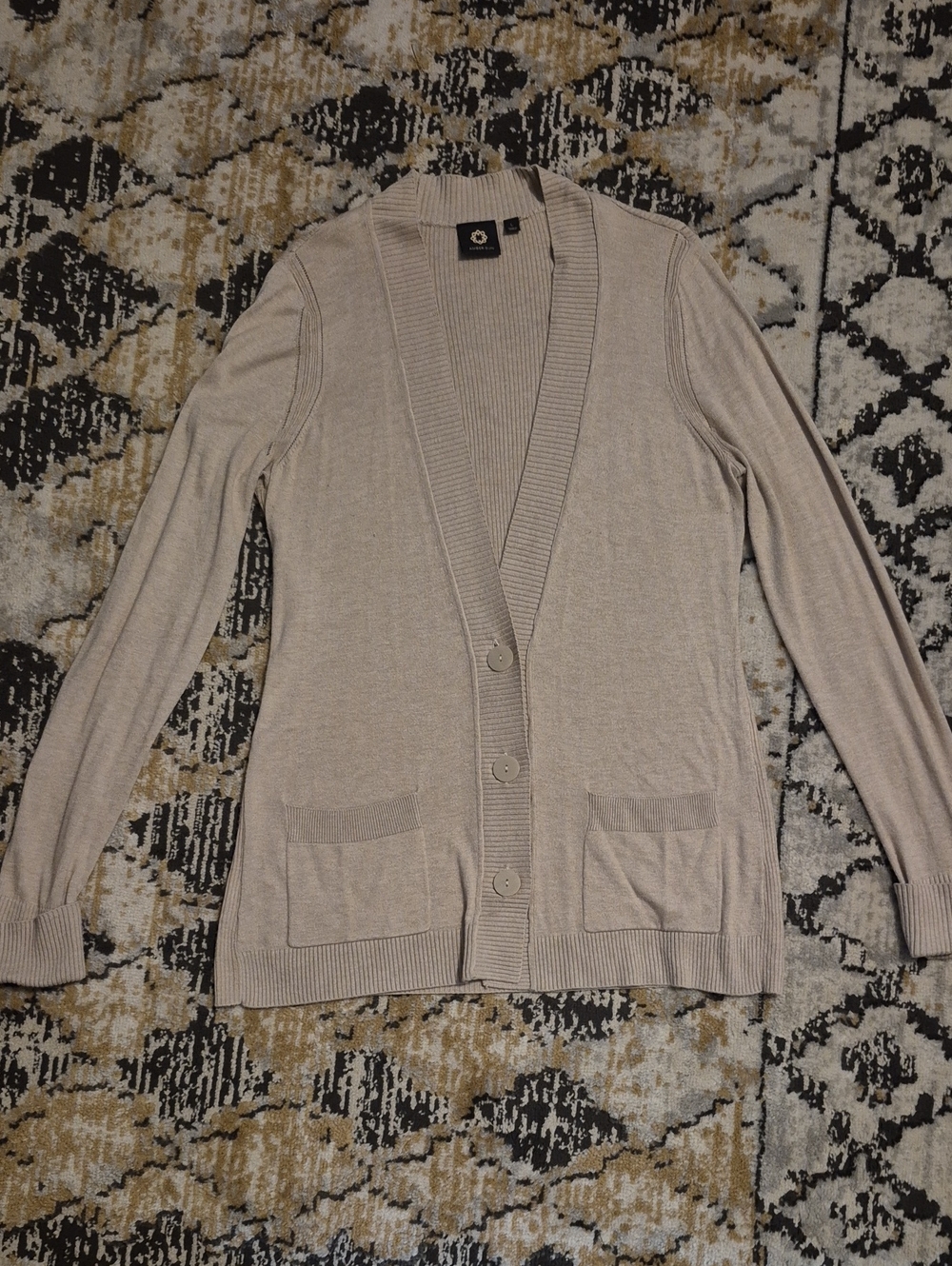 Women's Lightweight Beige Button Cardigan with Patch Pockets